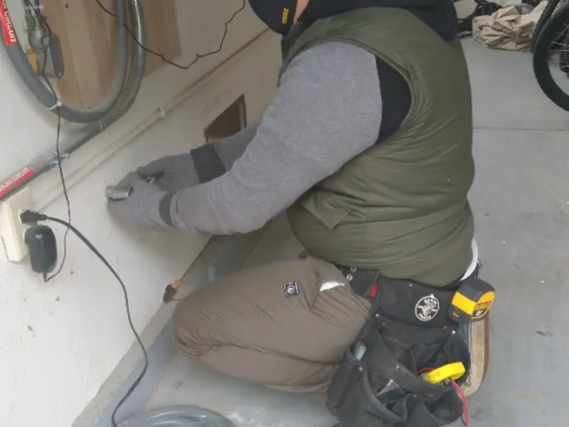 Electrician performing outlet wiring in a Lyman garage